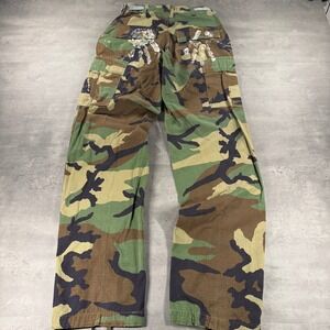 US Army Woodland Camo Cargo Pants Women's X-Small Long Painted Distressed‎